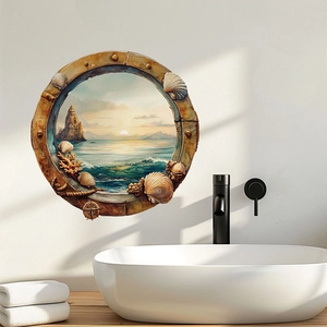 3D porthole wall sticker with ocean sunset and seashells for bathroom decor