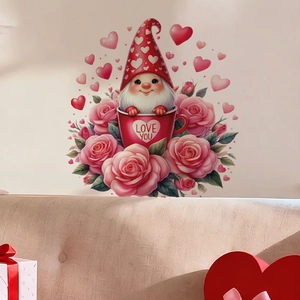 Sticker mural de gnome de Saint-Valentin dans une tasse avec roses et cœurs