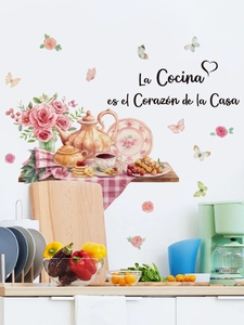 Detail of floral kitchen wall decal with roses and Spanish quote on a clean white wall