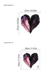 Detail view of heart feather wall sticker showing paste effect and layout size specifications