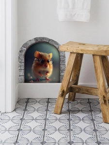 Detailansicht 3D-Hamster-Mäuseloch-Wandaufkleber an einer weißen Wandecke im Haus