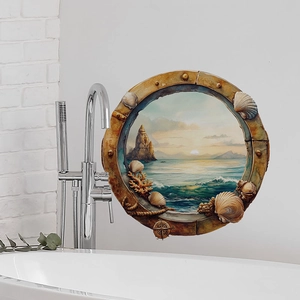3D ocean porthole wall decal with realistic sea view for bathroom nautical home decor