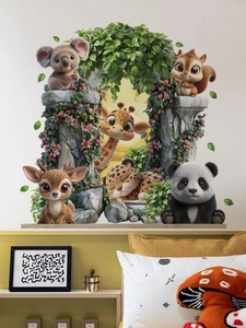 Detail of 3D cartoon forest animals wall stickers showing koala and deer in kids room decor