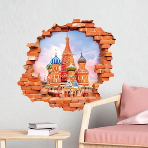 3D wall sticker featuring Saint Basil Cathedral through a realistic broken brick wall gap