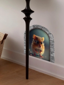 Detail von 3D-Mauseloch-Wandaufkleber mit niedlichem Hamster an der Fußbodenleiste