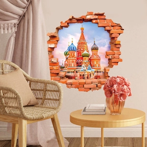 3D wall sticker featuring creative broken brick wall and Moscow castle for home decor