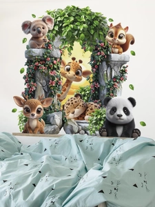 Detail of 3D jungle animal wall stickers with panda and giraffe in a stone arch design