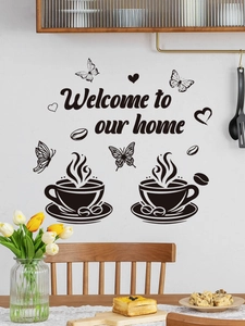 Détail du sticker mural café papillon avec texte Welcome to our home dans la cuisine