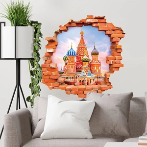 3D Saint Basil's Cathedral wall sticker with realistic broken brick effect for room decor