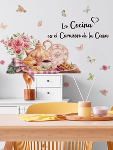 Detailed wall sticker featuring watercolor tea set with roses and Spanish quote