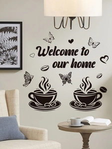 Détail de stickers muraux Welcome to our home avec tasses à café et décor de papillons