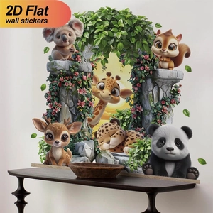 Self-adhesive 2D wall stickers featuring cartoon panda, giraffe and deer with green vines