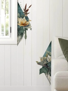 Détail de stickers muraux floraux géométriques avec lys jaunes sur panneaux en bois