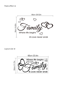 Detail view of Family quotes wall sticker with layout dimensions 60x30cm for home decor