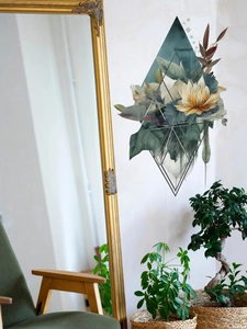 Sticker mural géométrique avec lotus jaune et feuilles vertes pour décoration d'intérieur