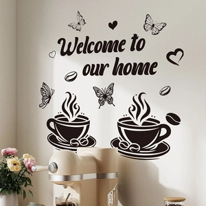 Sticker mural café Welcome to our home avec papillons pour décoration de cuisine