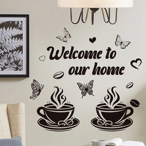 Sticker mural Welcome to our home avec tasses de café et papillons en PVC noir