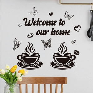 Sticker mural café et papillons noir Welcome to our home pour décor de cuisine