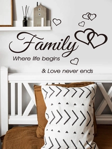 Detail of Family Quote Wall Decal with hearts for modern home living room decor