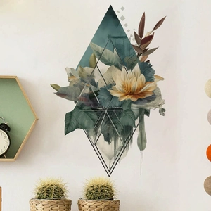 Sticker mural nordique losange avec cadre noir et plantes vertes réalistes décoratives