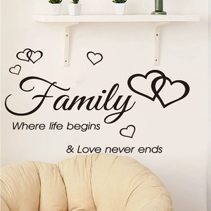 Family quote wall sticker home decor with heart accents on white background