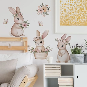Vinilos Decorativos Conejo de Pascua Estampado Acuarela Conejo Floral Mariposa Huevo Removible Impermeable PVC Decoración de Pared para Niños