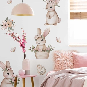Pegatinas de pared de conejo rosa y flores para decorar habitaciones infantiles