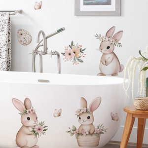 Pegatinas de pared conejo rosa acuarela impermeables con huevos flores para baño hogar