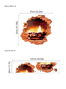Detaillierter 3D-Wandaufkleber mit Kaminmotiv, Mauerstein-Layout und installierter Ansicht
