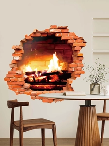Detail eines 3D-Wandstickers mit realistischem Kamin und Feuer für die Wandgestaltung