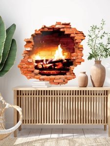 Detail der 3D-Kamin-Wandaufkleber mit realistischen Holzflammen auf einer Ziegelwand