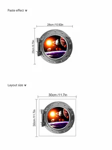 Detailed view of 3D space window wall sticker showing dimensions and galaxy print