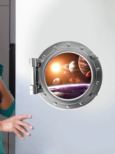 Detailed macro view of a 3D space window wall sticker with realistic galaxy and planet views