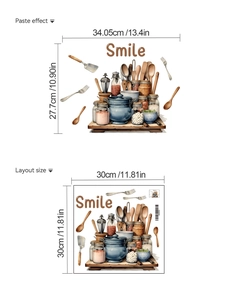 Detailed view of kitchen wall sticker dimensions and layout featuring cutlery illustrations