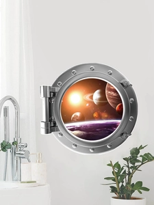 Detail view of 3D space window wall sticker with realistic metal frame and starry galaxy