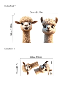 Cartoon alpaca wall sticker showing paste effect dimensions and layout size on white