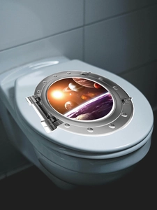 Detailed 3D cosmic space porthole sticker with planets applied to a white toilet lid