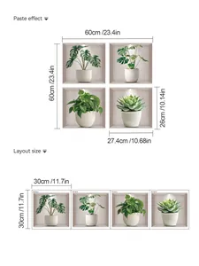 Size guide for 3D potted plant wall decals showing layout and finished dimensions