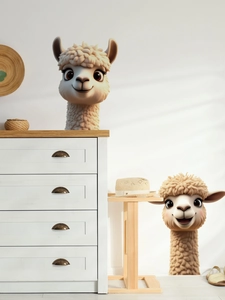 Detail of cute 3D cartoon alpaca wall stickers on furniture in a bright kids' room
