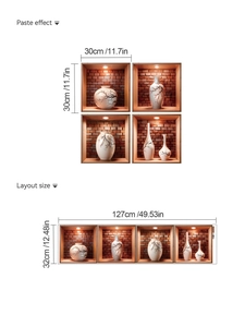 Detail showing 3D wall sticker dimensions with four vase patterns and sizes marked in inches
