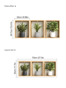 Detailed 3D green potted plant wall stickers layout with 70x30cm size measurements