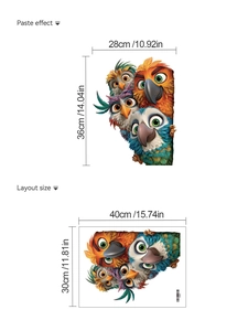Detail showing cartoon bird wall sticker paste effect and layout size specifications