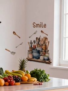 Kitchen wall decals with illustrations of pots, utensils and Smile text in a pantry setup