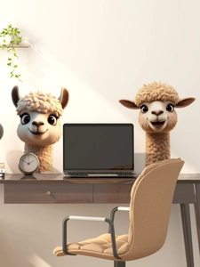 Detail showing high-quality 3D cartoon alpaca wall sticker with realistic faux wool texture