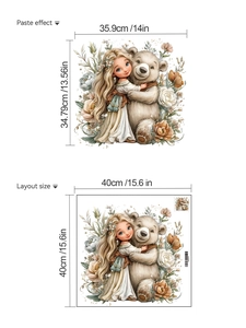 Detail showing girl hugging bear wall sticker layout and paste dimensions in 40x40cm size