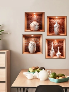 Detail of 3D vase wall stickers with floral porcelain patterns on a beige living room wall