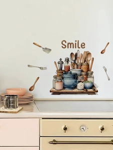 Macro detail of waterproof kitchen spice bottle wall sticker with smile typography