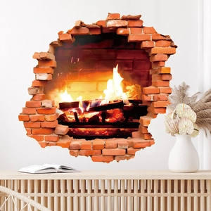 3D Wandaufkleber mit realistischem Kaminmotiv und brennendem Holzfeuer Effekt
