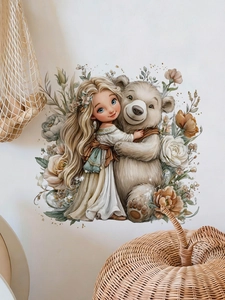 Detail of cute girl hugging a brown bear wall sticker in cozy nursery home decor