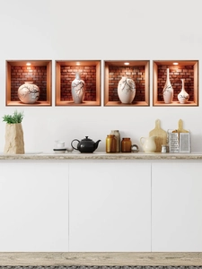 Detail of 3D vase wall stickers showing white ceramic textures with plum blossom patterns
